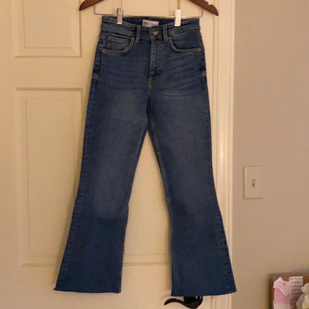 Zara cropped and mini flare jeans, dark denim
